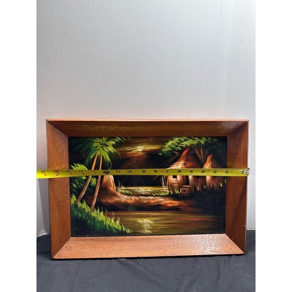 Rustic MCM Tropical Island Landscape Oil Painting With Black Velvet Wooden Frame - Picture 2 of 15